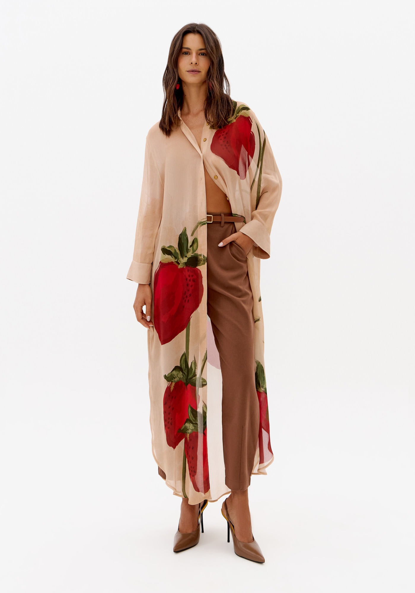 Vestido Chemise Com Estampa Morango De Chiffon