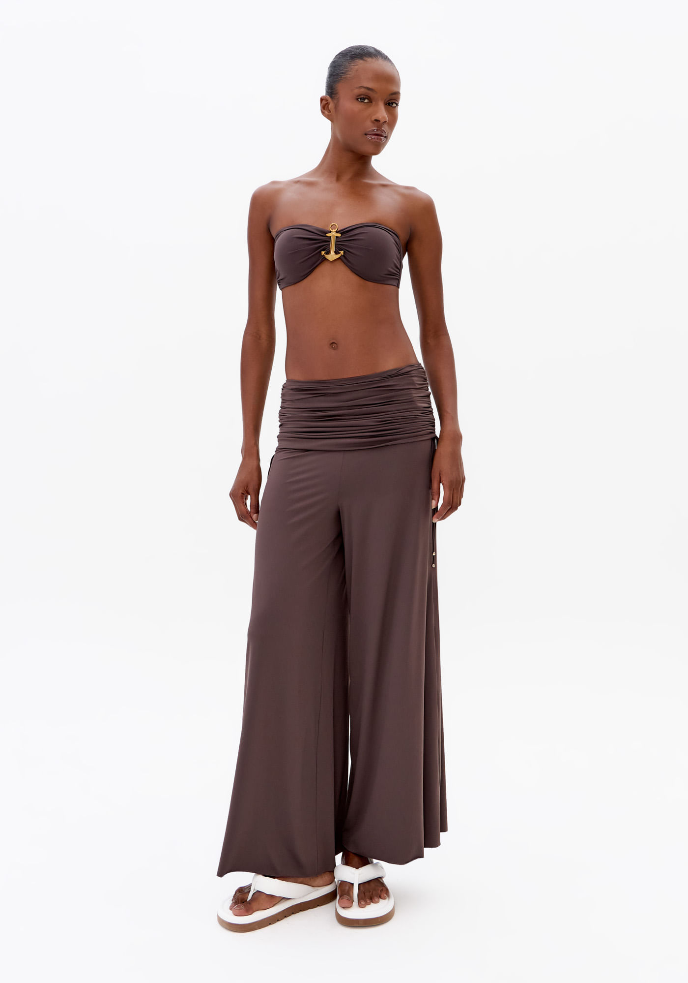 Calça Wide Leg Cintura Alta Cós Franzido